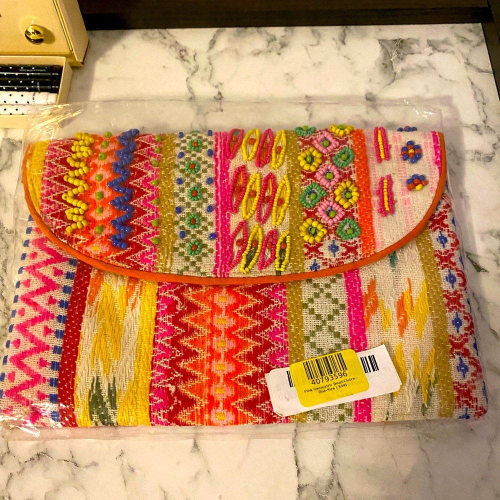 NWT Raj Imports Pink Geometric Bead Clutch - Picture 2 of 4